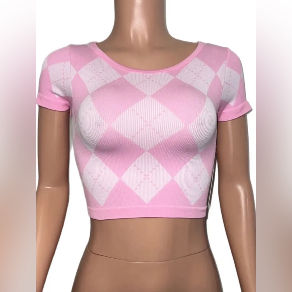 Barbie Pink Retro Diamond Crop Top Fitted Pin Up Casual Coquette Party Tee Top